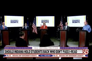 Five of the six Republicans who will appear on Indiana&amp;amp;apos;s gubernatorial primary ballot took part in a debate that featured a question about whether any of them could claim to be political outsiders